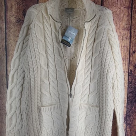 Aran Irish Zipper Merino Wool Cardigan Sweater - Picture 3 of 5